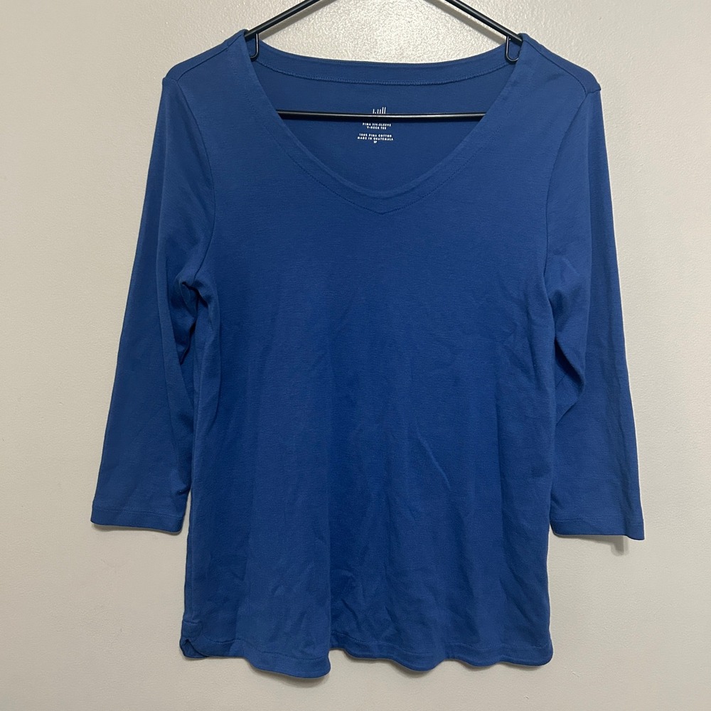 J. Jill Pima V-Neck Tee Women SP Blue 3/4 Sleeve 100% Pima Cotton Minimalist